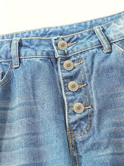 Loose Fit Straight Jeans Slash Pockets Single Breasted Button