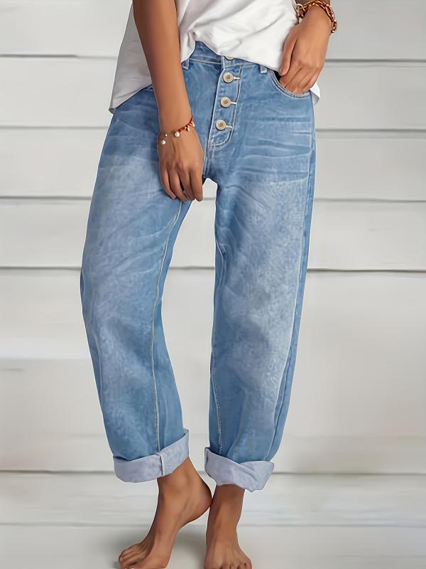Loose Fit Straight Jeans Slash Pockets Single Breasted Button