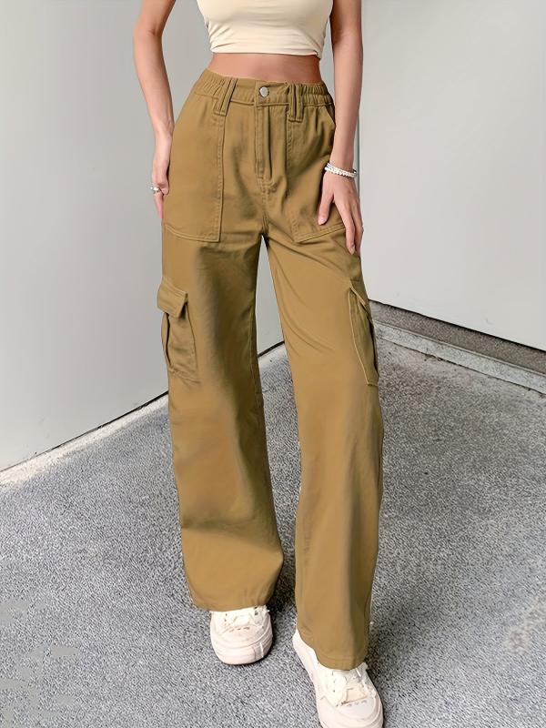 Loose Fit Cargo Pants Flap Pockets Non Stretch Solid Street Style Straight Jeans