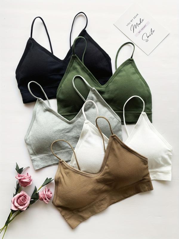 5pcs Ribbed Bralettes Thin Strap Everyday Bra Women's Lingerie