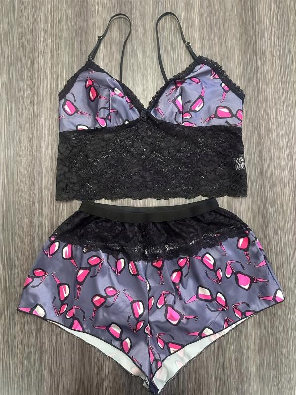 Sexy Lace Cami Top and Shorts Set with Panties Lingerie Pajama