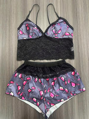 Sexy Lace Cami Top and Shorts Set with Panties Lingerie Pajama