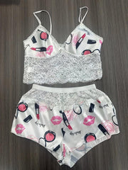 Sexy Lace Cami Top and Shorts Set with Panties Lingerie Pajama