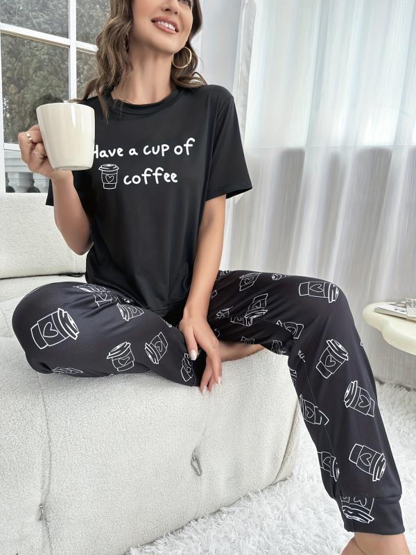 Letter Print Pajama Set Short Sleeve Crew Neck Top & Coffee Pattern Pants