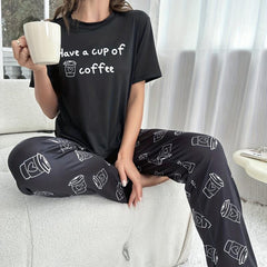 Letter Print Pajama Set Short Sleeve Crew Neck Top & Coffee Pattern Pants