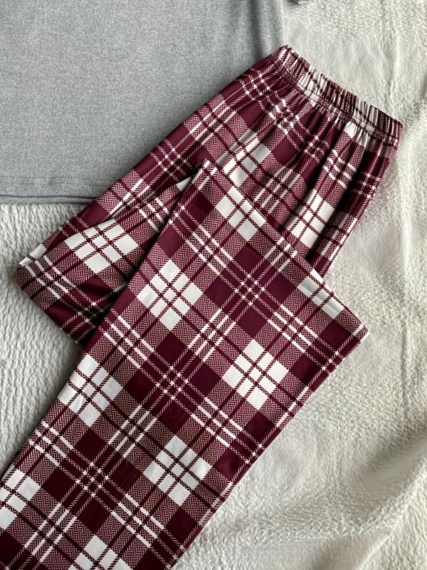 Letter & Plaid Print Pajama Set Short Sleeve Top & Cozy Long Pants