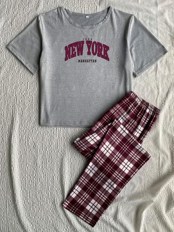 Letter & Plaid Print Pajama Set Short Sleeve Top & Cozy Long Pants