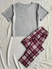 Letter & Plaid Print Pajama Set Short Sleeve Top & Cozy Long Pants