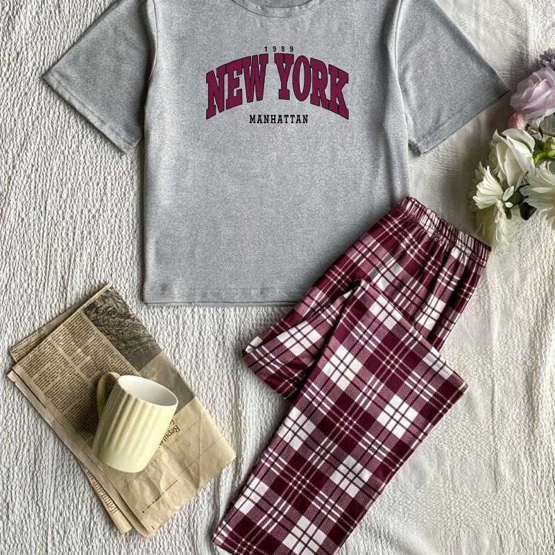 Letter & Plaid Print Pajama Set Short Sleeve Top & Cozy Long Pants