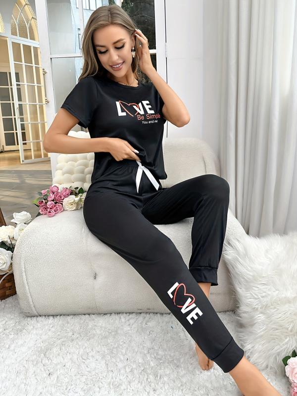 Letter & Heart Print Pajama Set Short Sleeve Top & Lounge Pants