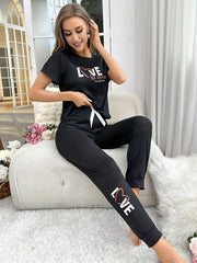 Letter & Heart Print Pajama Set Short Sleeve Top & Lounge Pants
