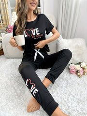 Letter & Heart Print Pajama Set Short Sleeve Top & Lounge Pants