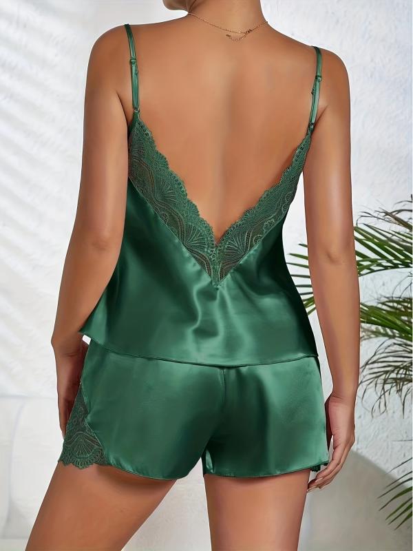 Lace Pajama Set V Neck Backless Cami Top & Shorts
