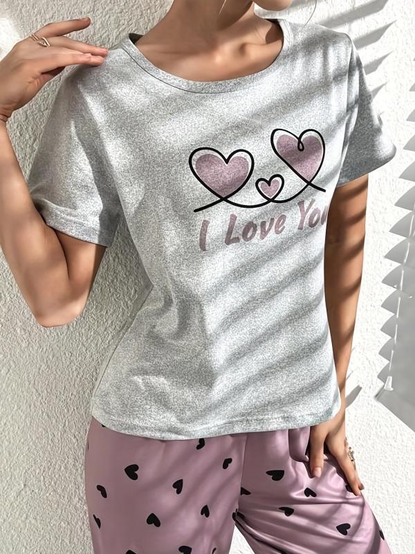 Heart Print Pajama Set Short Sleeve Crew Neck Top & Elastic Waistband Pants