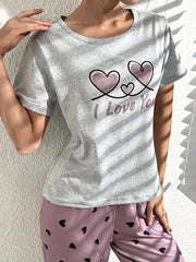 Heart Print Pajama Set Short Sleeve Crew Neck Top & Elastic Waistband Pants