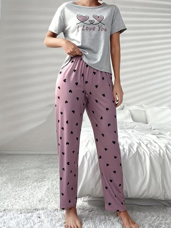 Heart Print Pajama Set Short Sleeve Crew Neck Top & Elastic Waistband Pants