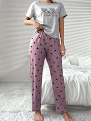 Heart Print Pajama Set Short Sleeve Crew Neck Top & Elastic Waistband Pants