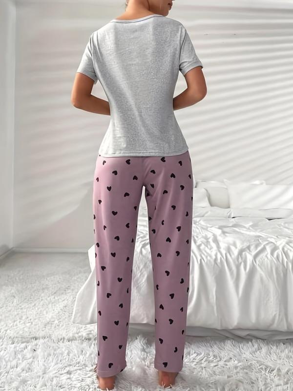 Heart Print Pajama Set Short Sleeve Crew Neck Top & Elastic Waistband Pants