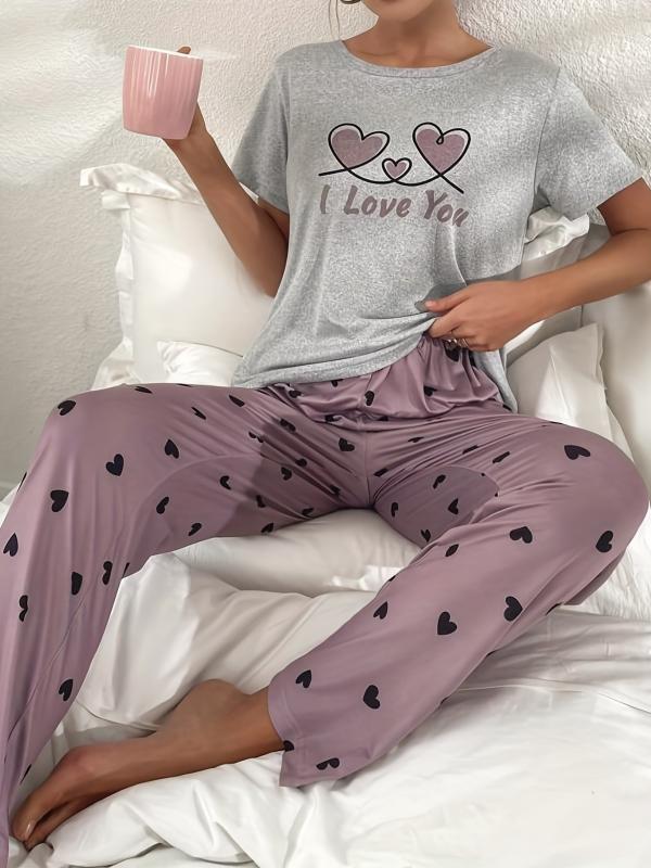 Heart Print Pajama Set Short Sleeve Crew Neck Top & Elastic Waistband Pants