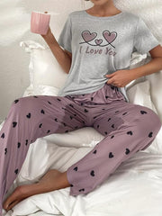 Heart Print Pajama Set Short Sleeve Crew Neck Top & Elastic Waistband Pants
