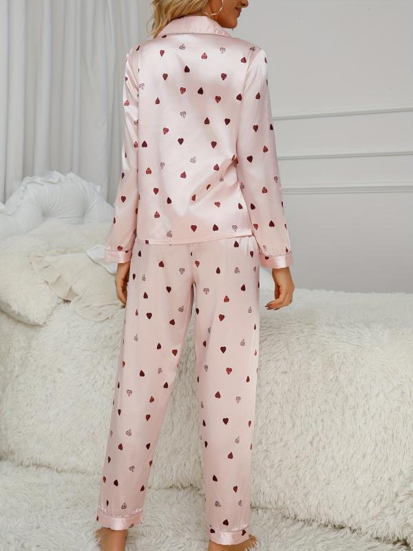 Heart Print Pajama Set Long Sleeve Buttons Top & Pants