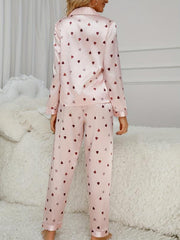 Heart Print Pajama Set Long Sleeve Buttons Top & Pants
