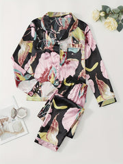 Heart Print Pajama Set Long Sleeve Buttons Top & Pants