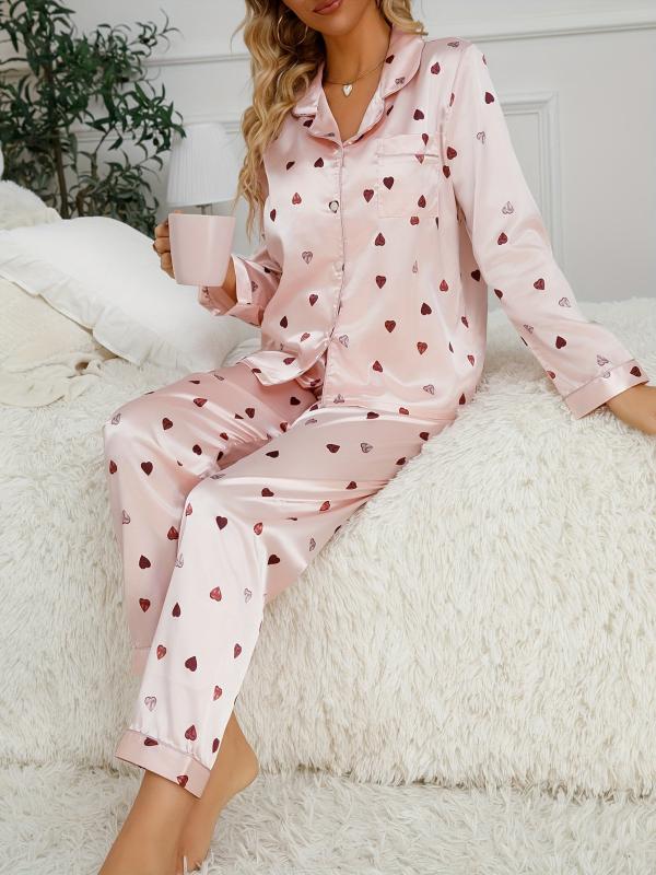Heart Print Pajama Set Long Sleeve Buttons Top & Pants