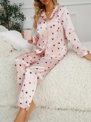 Heart Print Pajama Set Long Sleeve Buttons Top & Pants