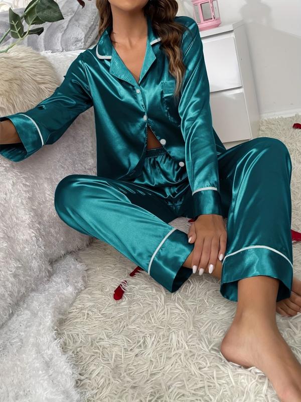 Satin Pajama Set Long Sleeve Button Top & Elastic Waistband Pants