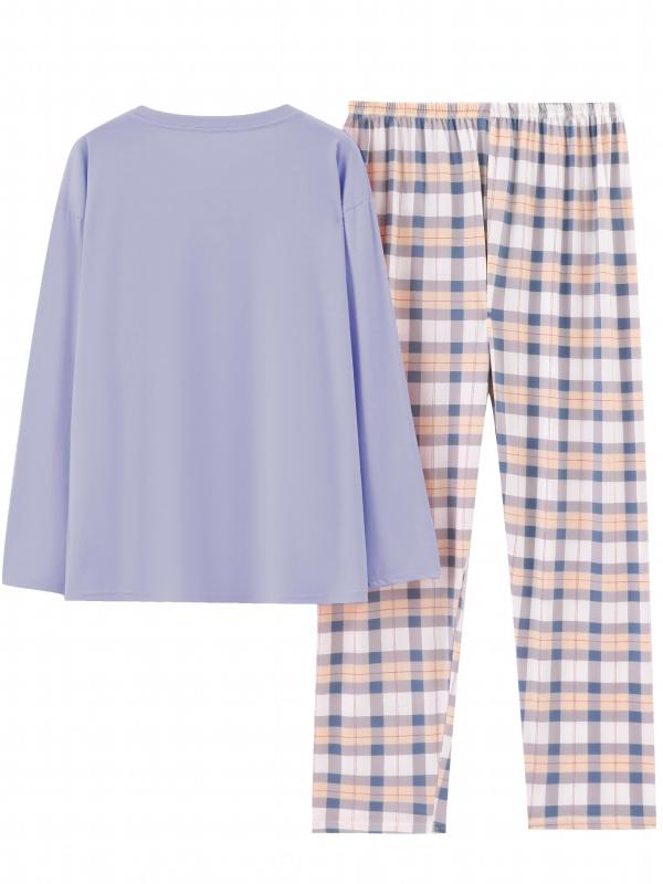 Plaid Print Crew Neck Pajamas Set Long Sleeve Top & Pant Women's Sleepwear