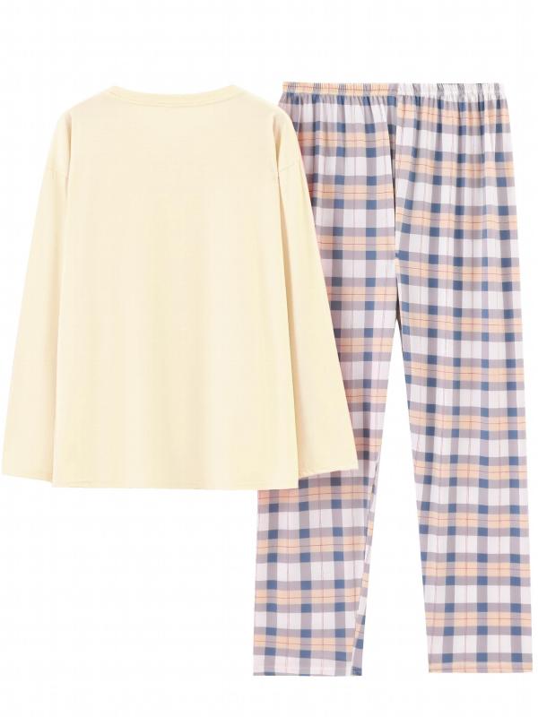 Plaid Print Crew Neck Pajamas Set Long Sleeve Top & Pant Women's Sleepwear