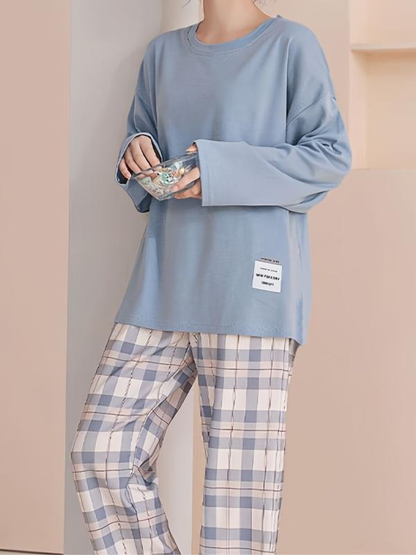 Plaid Print Crew Neck Pajamas Set Long Sleeve Top & Pant Women's Sleepwear