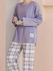 Plaid Print Crew Neck Pajamas Set Long Sleeve Top & Pant Women's Sleepwear