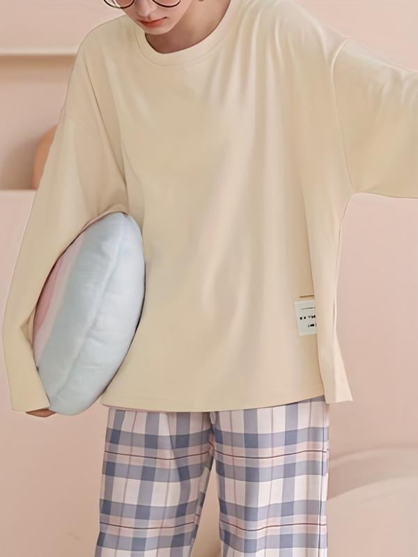 Plaid Print Crew Neck Pajamas Set Long Sleeve Top & Pant Women's Sleepwear