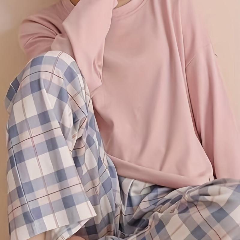 Plaid Print Crew Neck Pajamas Set Long Sleeve Top & Pant Women's Sleepwear