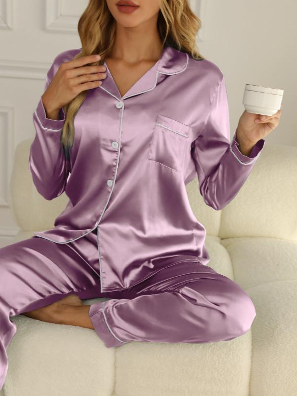 Women's Solid Pajama Set Long Sleeve Button Up Top & Pants Pj Set