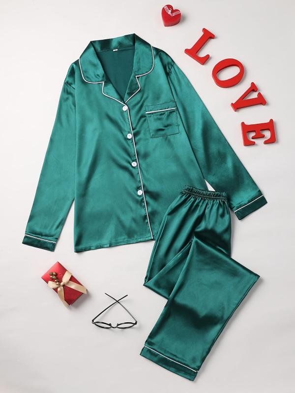 Women's Solid Pajama Set Long Sleeve Button Up Top & Pants Pj Set