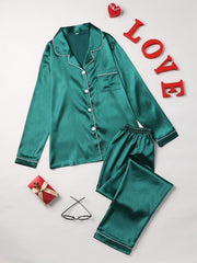 Women's Solid Pajama Set Long Sleeve Button Up Top & Pants Pj Set