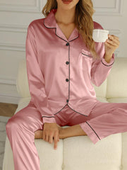Women's Solid Pajama Set Long Sleeve Button Up Top & Pants Pj Set