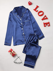 Women's Solid Pajama Set Long Sleeve Button Up Top & Pants Pj Set