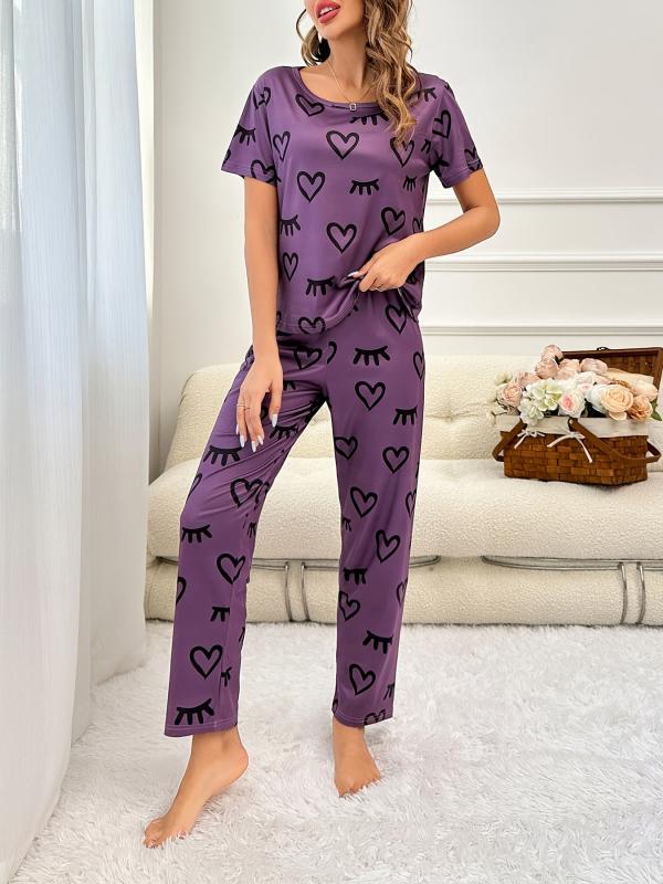 Heart Print Pajama Set Short Sleeve Top & Pants