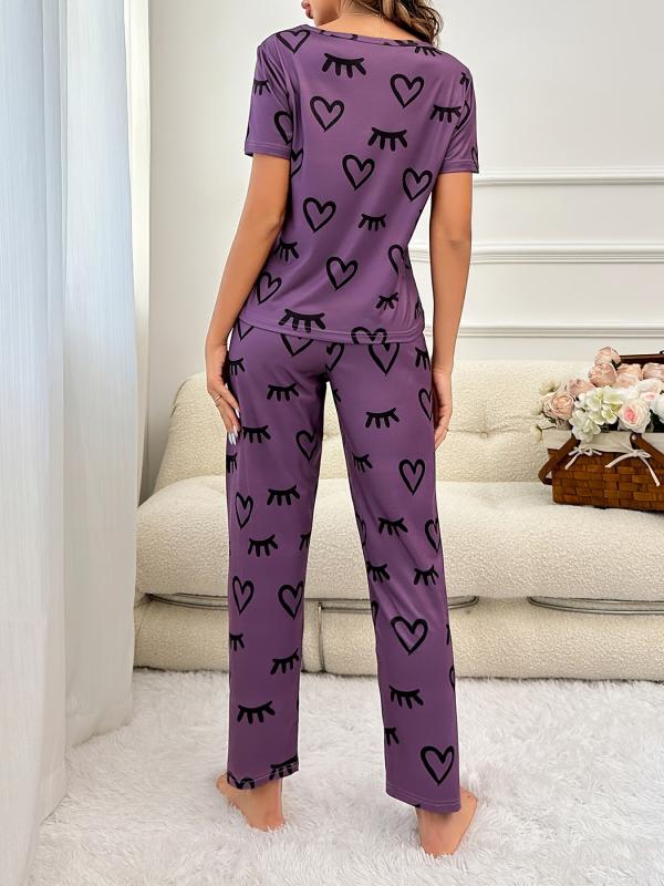 Heart Print Pajama Set Short Sleeve Top & Pants
