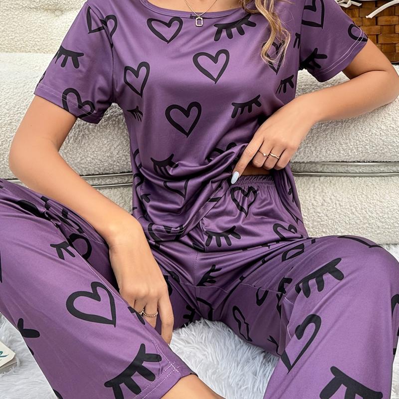 Heart Print Pajama Set Short Sleeve Top & Pants