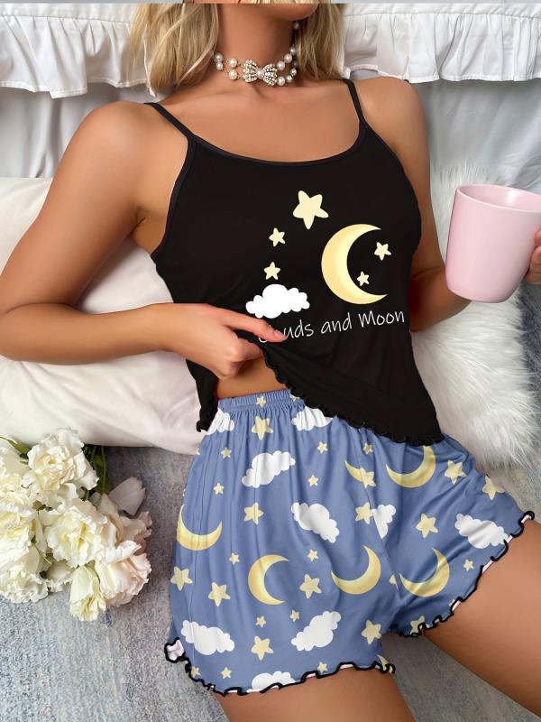 Moon & Cloud Print Pajama Set Crew Neck Cami Top & Elastic Waistband Shorts
