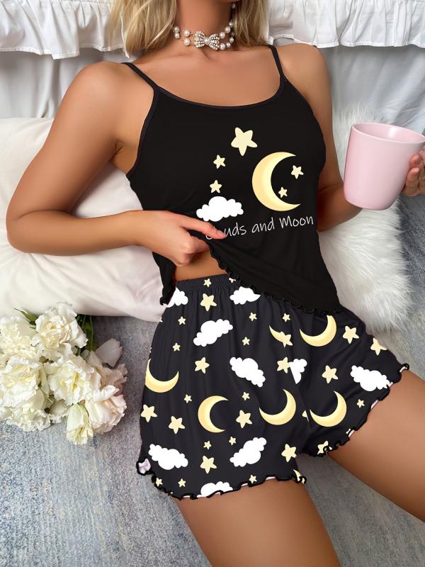 Moon & Cloud Print Pajama Set Crew Neck Cami Top & Elastic Waistband Shorts