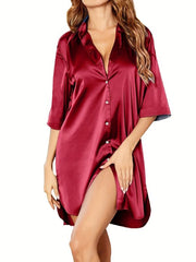 Button Lapel Sleep Top Casual Solid Half Sleeve Shirt Women's Sleepwear