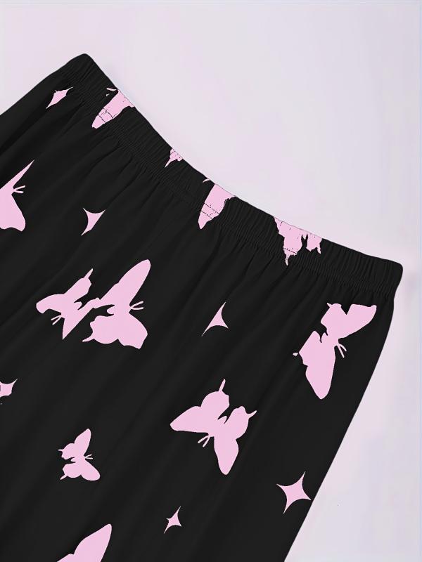 Heart Print Pajama Set Top & Butterfly Print Pants Women's Sleepwear