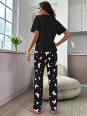 Heart Print Pajama Set Top & Butterfly Print Pants Women's Sleepwear