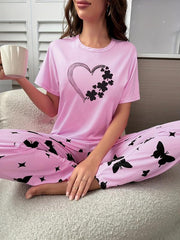 Heart Print Pajama Set Top & Butterfly Print Pants Women's Sleepwear